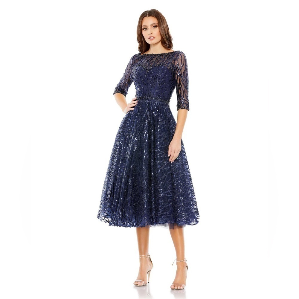 Mac Duggal 20252 NWT EMBELLISHED 1/2 SLEEVE A LINE DRESS